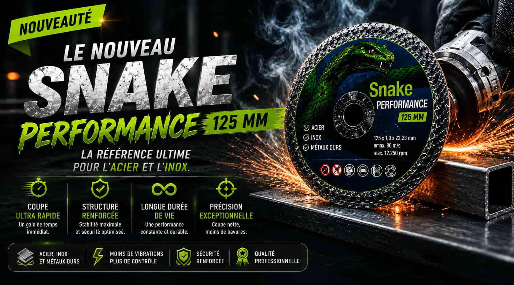... Gros plan sur un disque de coupe Snake Performance de la marque NORMFEST -entouré d’effets lumineux montrant sa puissance pour l’acier et l’inox.